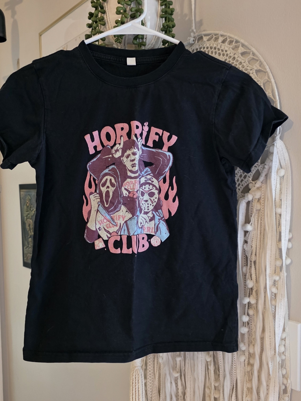 SHEIN Black Short-Sleeve Horrify Club Graphic Tee with Pink Accents